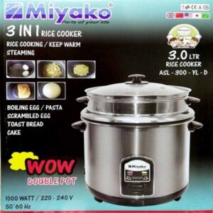 Miyako 3-in-1 3.0L Automatic Rice Cooker – Double Pot (SS & Non-Stick) with Glass Lid | Model ASL-300-YLD