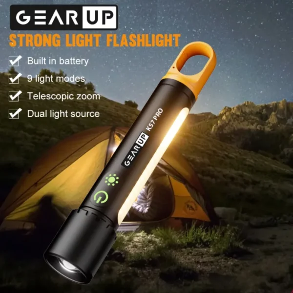 GearUP K57 PRO Rechargeable High Power Flashlight + Large COB Light with 3500mAh Lithium Battery – Heavy Duty